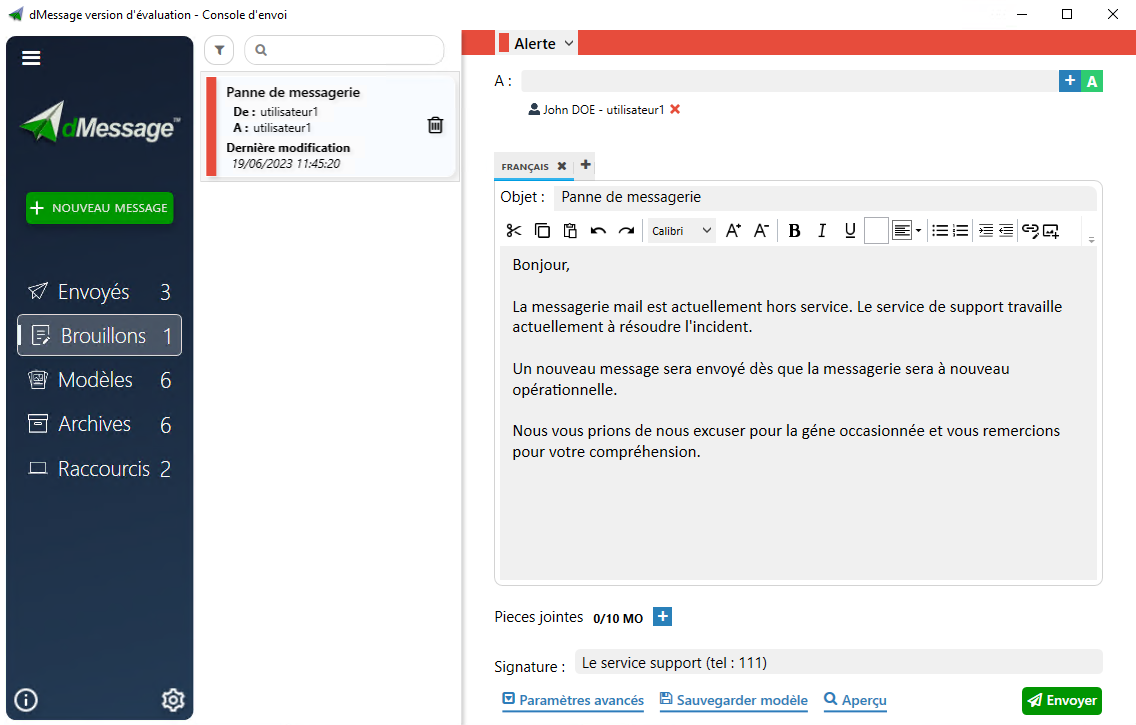 Message d'alerte panne messagerie mail